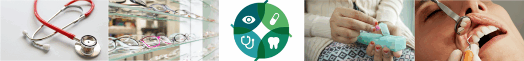 Banner with individual elements showing a stethoscope, display shelves of spectacles, medication, and a dental examination. A green circular logo sits in the centre displaying white icons for the individual elements.