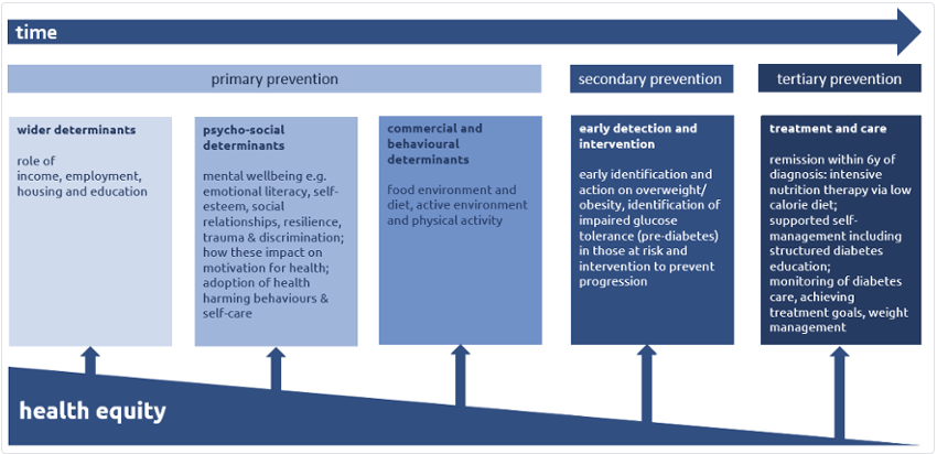 Diabetes prevention pathway, showing areas for primary, secondary and tertiary prevention