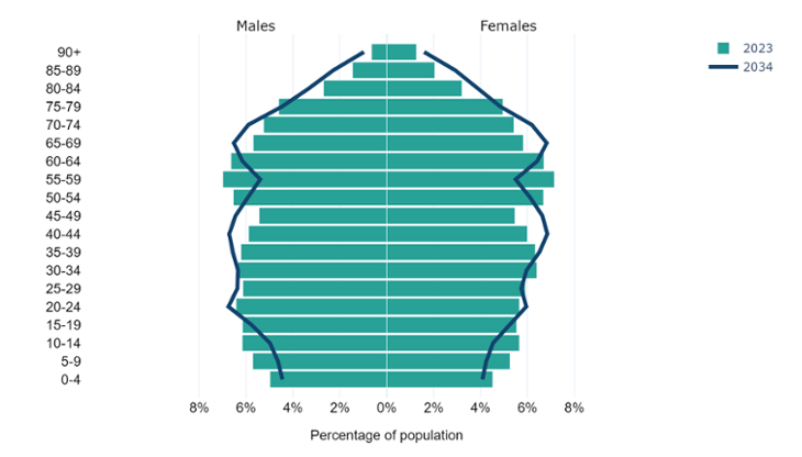 Population pyramid by age and sex, percentage, Wales, 2021 and 2035, percentage