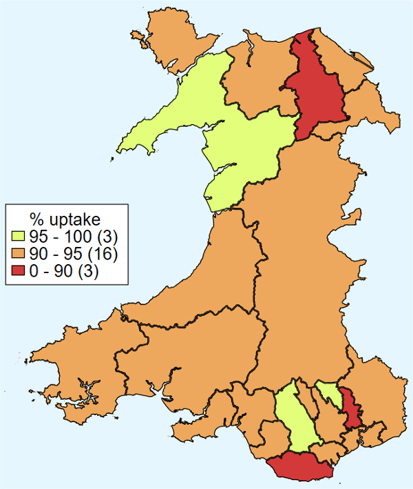 Map o Gymru sy’n dangos cyfraddau derbyn y dos cyntaf o’r brechlyn MMR erbyn 2 oed, gyda’r rhan fwyaf o ardaloedd rhwng 90% a 95%, rhai dros 95% yng nghanol a gorllewin Cymru, ac ychydig o ardaloedd o dan 90% yn y gogledd‑ddwyrain ac ar hyd arfordir y de.
