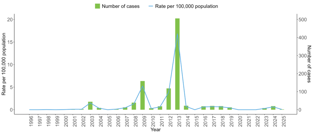 Bar and line chart showing annual measles cases and rates per 100,000 population in Wales from 1996 to 2025, with major peaks in 2009 and 2013 and very low case numbers in most other years.