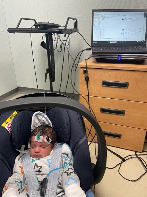 Baby sitting in a car seat with three small sticky pads attached to the head and earphones in place, connected by wires to testing equipment and a laptop displaying results, showing how a newborn’s hearing responses are measured by an audiologist.
