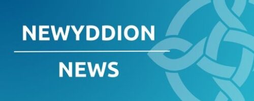 Brand logo with 'NEWYDDION' above a line and 'NEWS' beneath on a blue gradient background with a Celtic knot motif to the right.