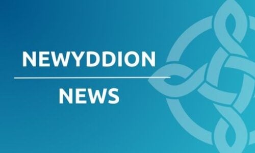 Brand logo with 'NEWYDDION' above a line and 'NEWS' beneath on a blue gradient background with a Celtic knot motif to the right.