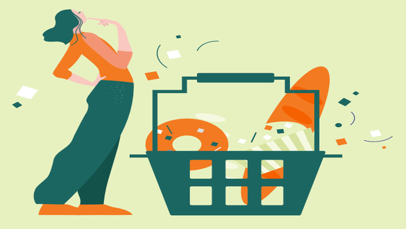 Person leaning away from an open grocery cart overflowing with items, surrounded by confetti, suggesting a busy shopping spree or celebration of shopping.