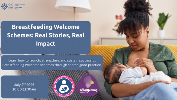 Mother breastfeeding her baby on a couch with blue speech-bubble panels announcing 'Breastfeeding Welcome Schemes: Real Stories, Real Impact' and event date/logo area.