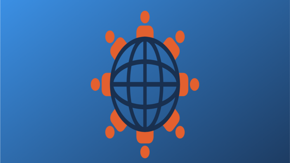 Blue globe surrounded by orange human figures, symbolizing global connectivity and collaboration.
