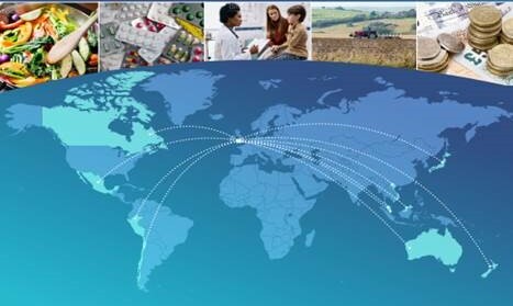 Blue world map with curved lines showing global connections; collage of images (food, currency, people, travel) at the top indicating international networks.