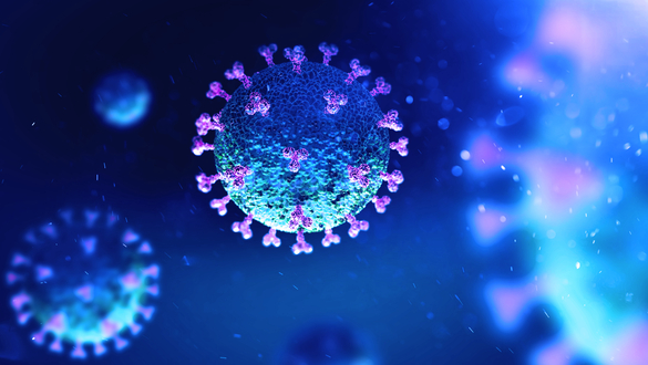 Illustration of a coronavirus particle with purple spike proteins against a blue background.