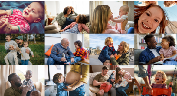 Collage of diverse families and kids playing, hugging, and smiling together.