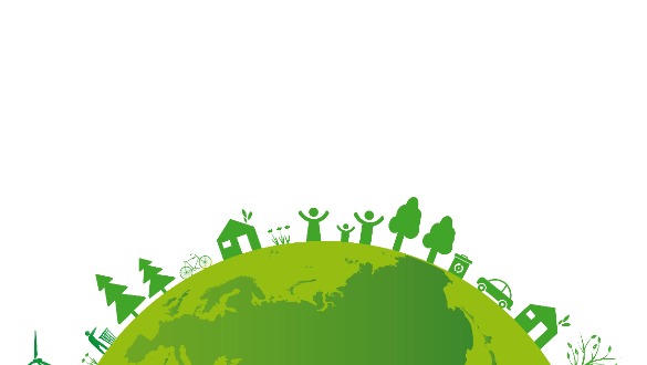 Green globe with silhouettes of people, trees, houses, and vehicles around its edge, representing environmental sustainability and a thriving eco-community.