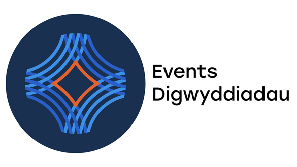 Logo: dark blue circle with a geometric blue star motif and orange diamond center, next to the text 'Events Digwyddiadau'.