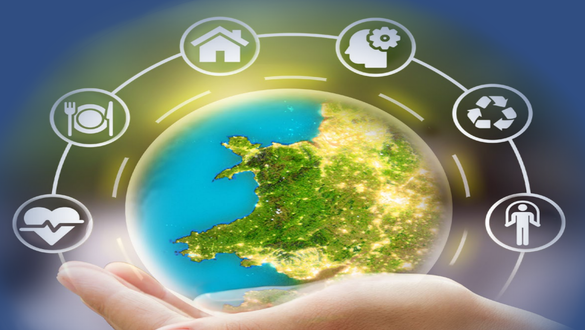 Globe cradled in a hand, surrounded by eco icons (home, recycling, health, food, person) symbolizing environmental care.
