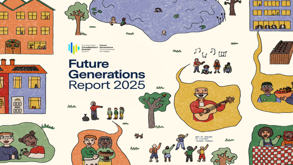 Cover illustration for Future Generations Report 2025 showing diverse people, buildings, trees, and a guitarist in a colorful collage.
