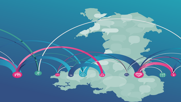 Stylized blue map with colorful arcs linking circular icons along the coast, representing a connected network across regions.