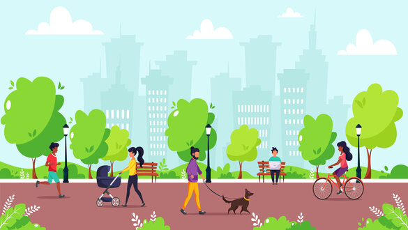 City park scene: people walking, biking, pushing a stroller, and a dog on a leash with a skyscraper skyline in the background.