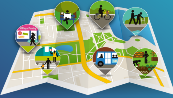Illustrated map with colorful location pins marking community activities like cycling, walking, bus travel, and dining on a folded city map.