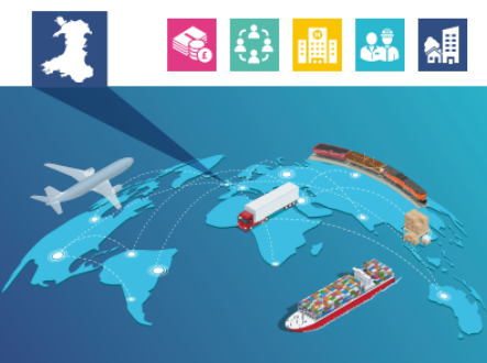 Global logistics concept: airplane, ships, and trucks illustrating international transport over a blue world map.
