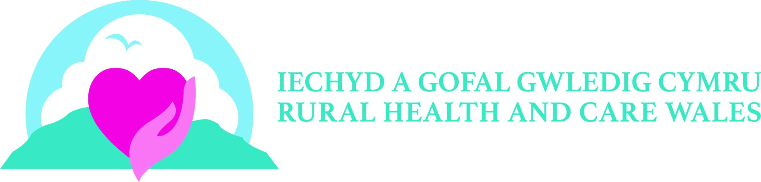 Logo showing a teal mountain and cloud scene with a magenta heart cradled by a purple hand, alongside teal Welsh text: 'IECHYD A GOFAL GWLEDIG CYMRU RURAL HEALTH AND CARE WALES'