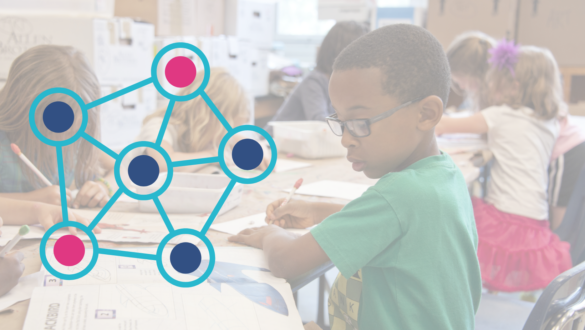 A young student in a classroom concentrates on a drawing, with a blue interconnected node diagram overlaid across the scene as a symbol of learning and collaboration.