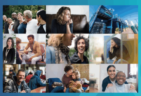 Collage of diverse people in everyday moments—talking, smiling, and supporting each other in various settings.