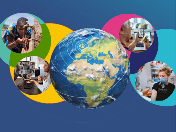 Global connectivity concept with a central Earth globe surrounded by colorful overlapping circles and people in video meetings intent on collaboration.