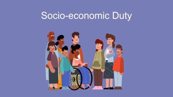 Diverse group of people including a wheelchair user, standing together under the title Socio-economic Duty to symbolize inclusion and equality.