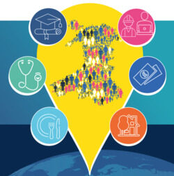 Global collaboration concept: world map formed by colorful people inside a yellow shape, surrounded by circular icons for education, health, science, and aid.