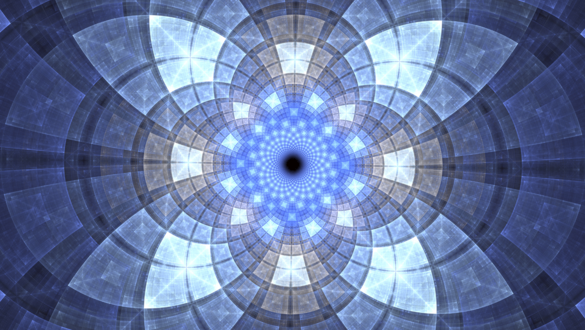 Blue kaleidoscope mandala with radiating petals and a dark central point.