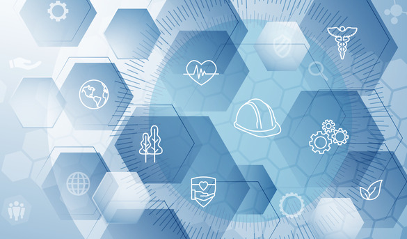 Abstract blue healthcare-themed illustration with hexagonal icons (heart monitor, caduceus, helmet, gears, globe, tree, shield, leaves)