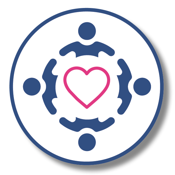 Circle of four stylized people forming a ring around a pink heart in the center, symbolizing community care.