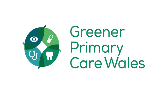 Logo for Greener Primary Care Wales featuring a teal circular icon with medical symbols and the teal text 'Greener Primary Care Wales'
