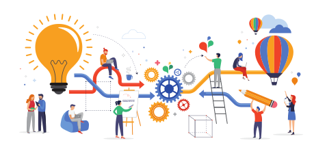 Team of diverse people collaborating to turn a big idea into a working process, with gears, arrows, and a large lightbulb symbolizing innovation.