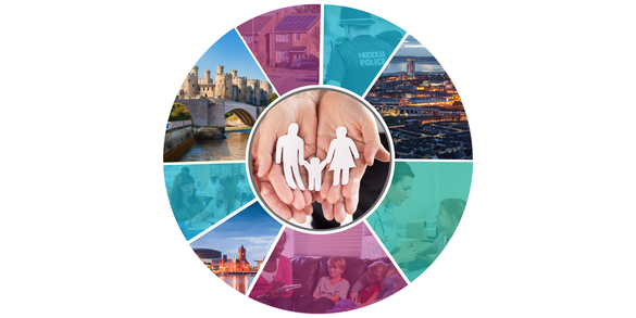 Circular collage symbolizing community and family support, with a central white icon of a family holding hands.